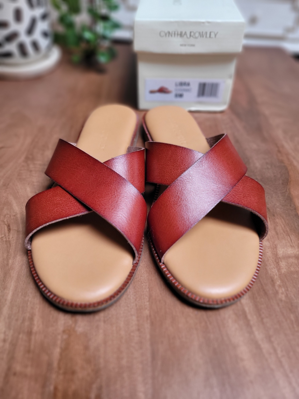 Cynthia Rowley Libra Cognac Leather Slide Sandals - Cognac - Picture 3 of 5